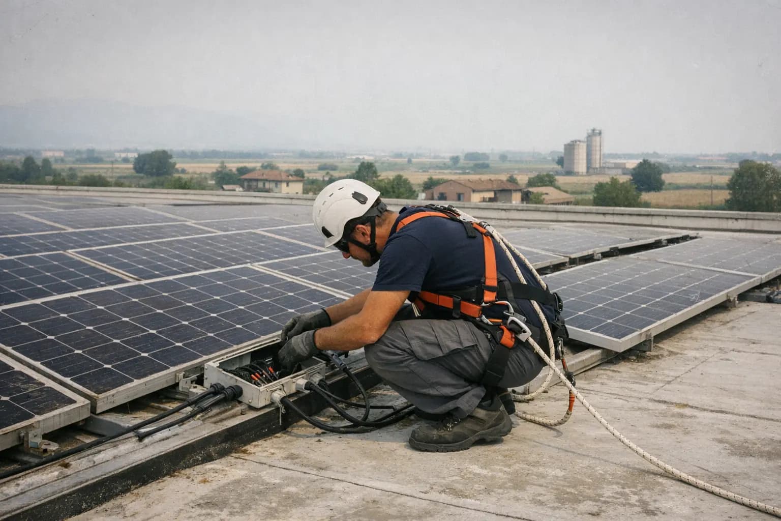 Tecnico con imbracatura e linea vita controlla i cavi di un impianto fotovoltaico sul tetto di un capannone