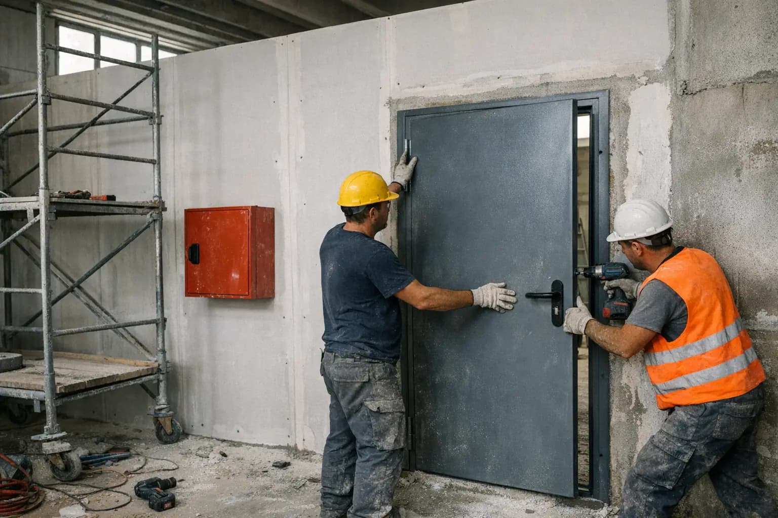 Due operai montano una porta tagliafuoco in un capannone in ristrutturazione