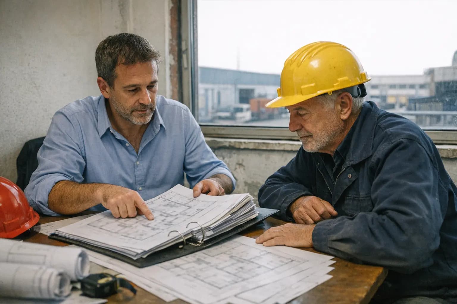 Professionista e titolare di un'azienda esaminano planimetrie e documenti antincendio a un tavolo