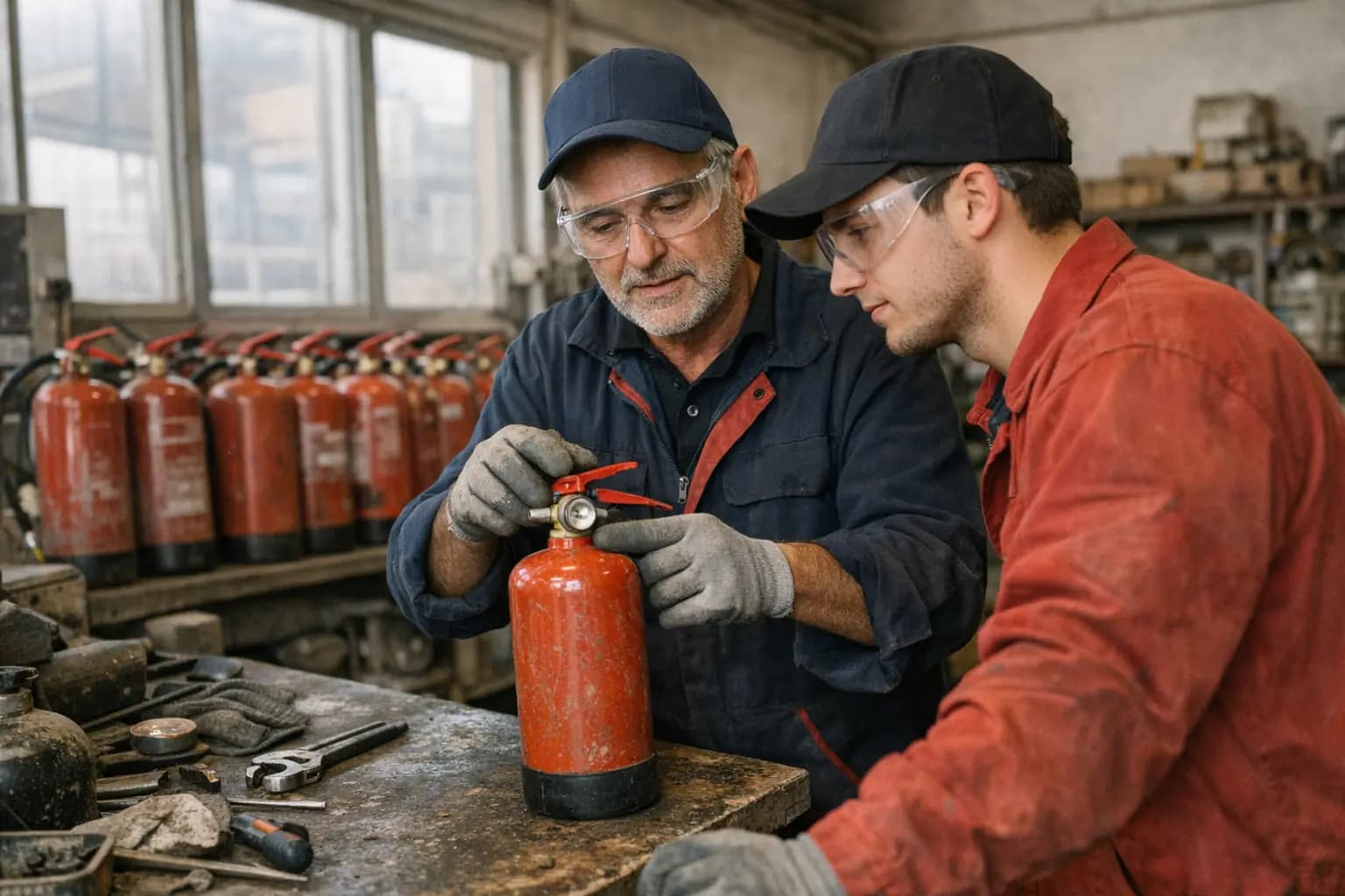 Manutentore esperto mostra a un apprendista come controllare la valvola di un estintore al banco di lavoro