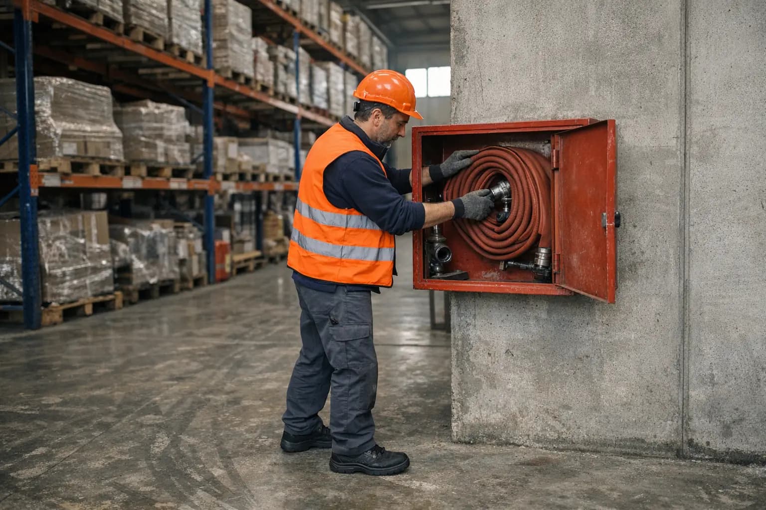 Tecnico con casco e gilet ad alta visibilità controlla la manichetta di una cassetta idrante in un magazzino industriale