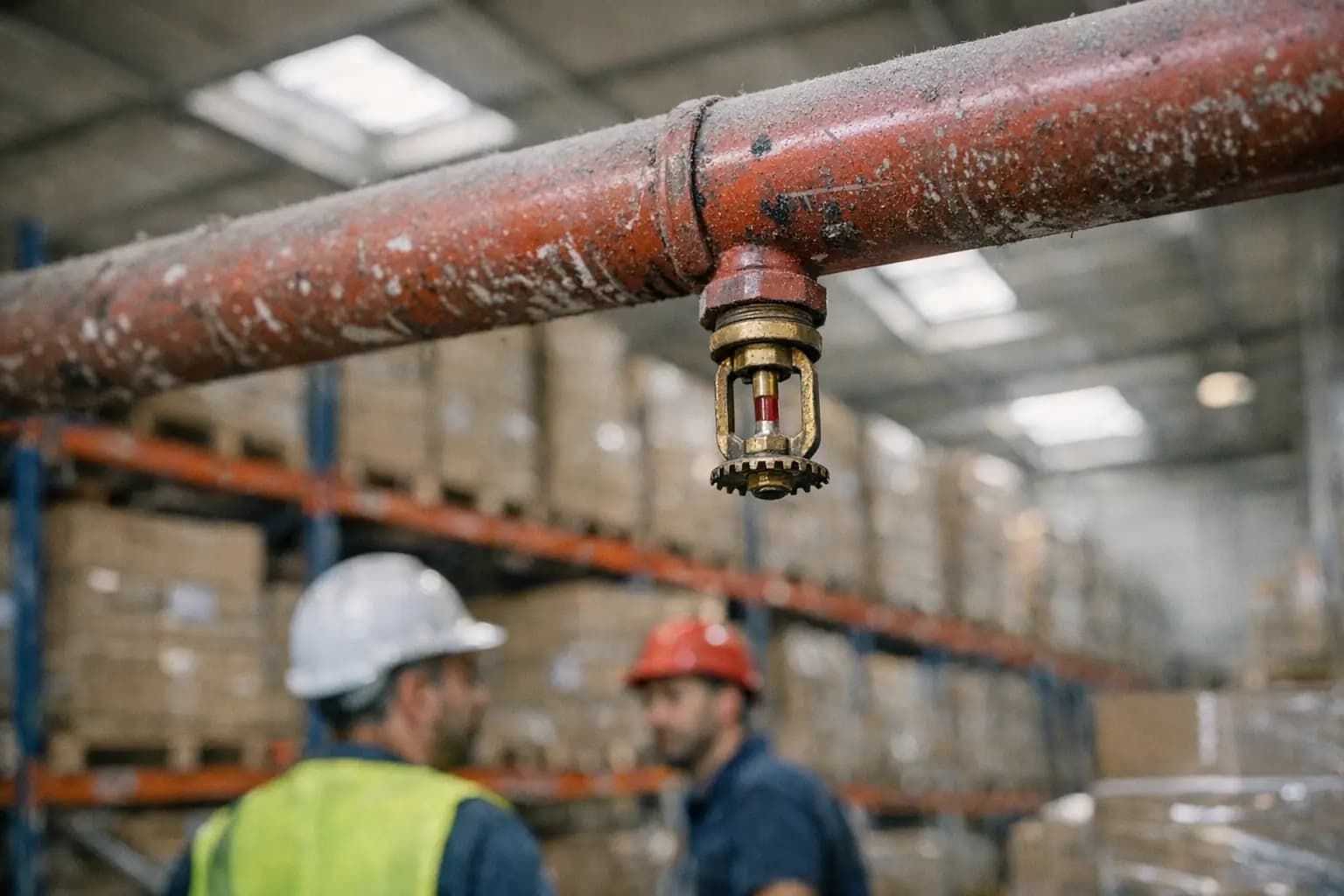 Testina sprinkler su una tubazione rossa sopra le scaffalature di un magazzino logistico, con due operatori sullo sfondo