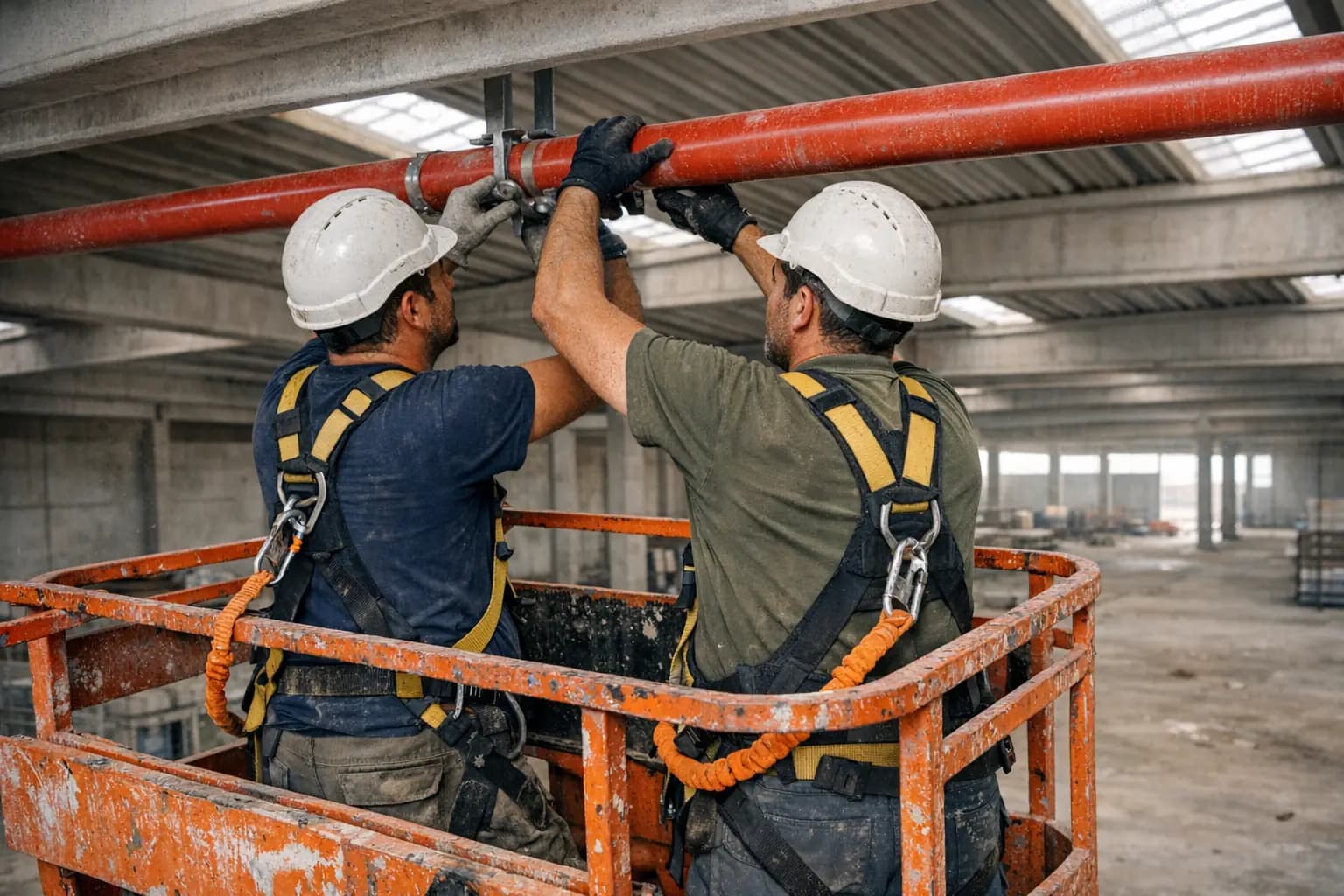 Due installatori con imbracatura su una piattaforma aerea fissano le tubazioni rosse dell'impianto sotto la copertura di un capannone