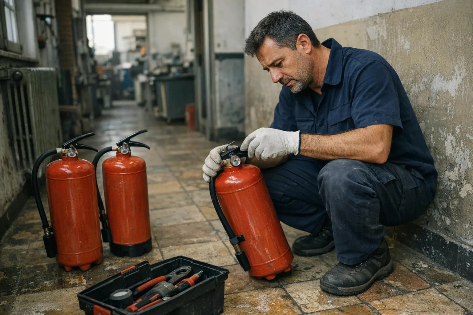 Tecnico inginocchiato controlla manometro e spina di sicurezza di un estintore a polvere in un corridoio di officina