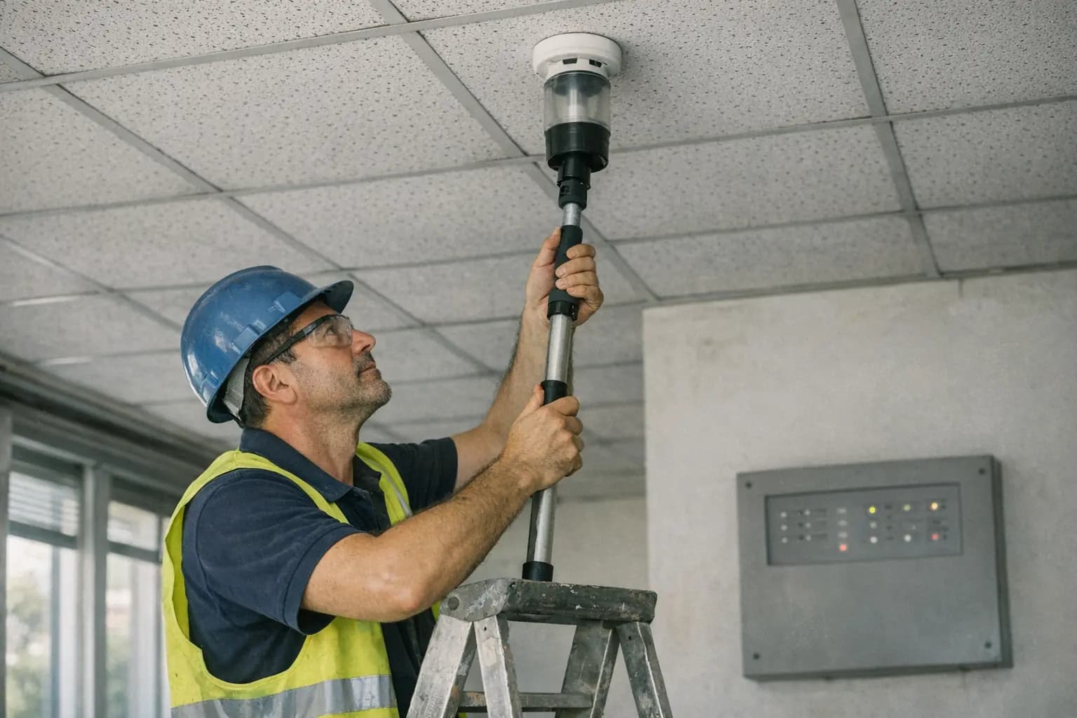 Tecnico su una scala prova un rivelatore di fumo a soffitto con l'asta di collaudo, accanto alla centrale di allarme