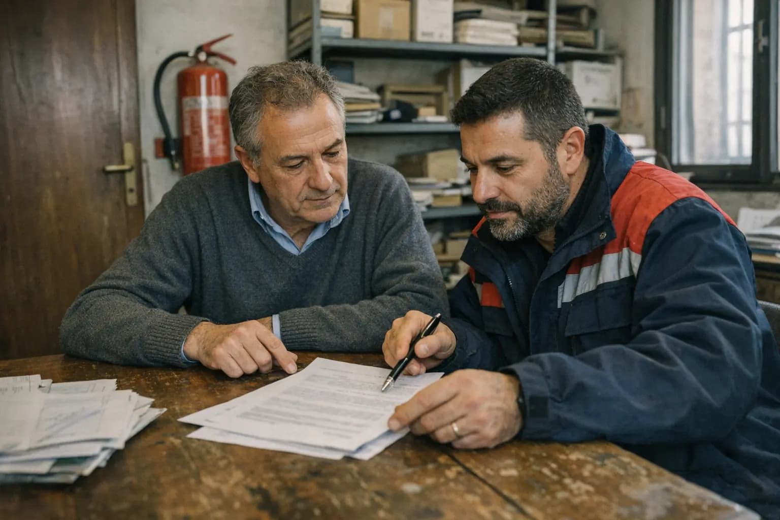 Titolare di una piccola azienda e manutentore antincendio leggono insieme un contratto in ufficio