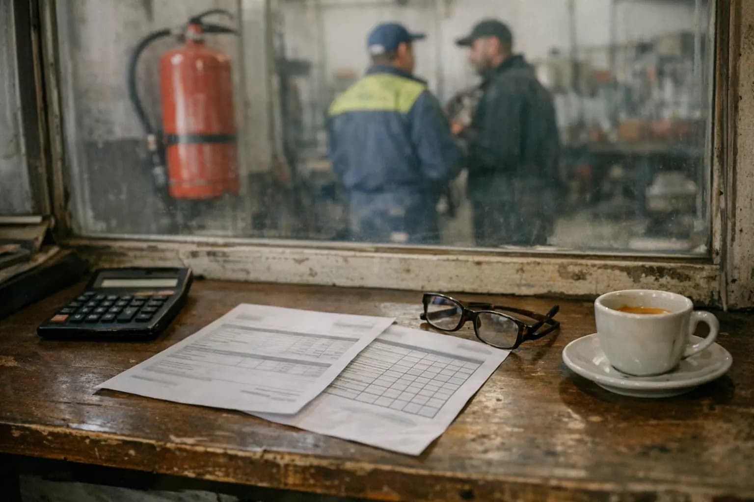Fogli di un preventivo, calcolatrice e caffè sulla scrivania dell'ufficio di un'officina, con un estintore oltre il vetro
