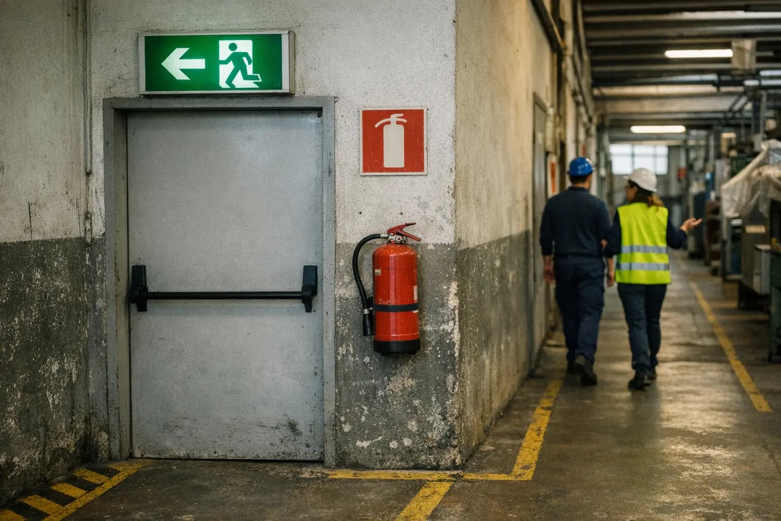 Uscita di emergenza con cartello verde e cartello estintore sopra un estintore lungo un corridoio di fabbrica